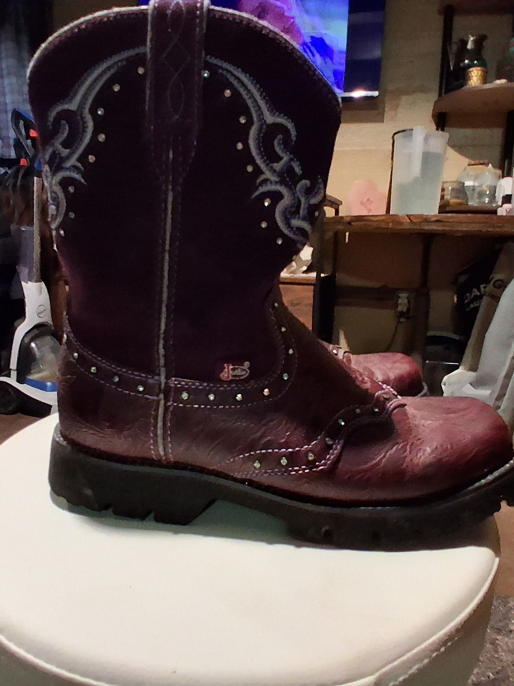 Justin Boots Burgundy Purple Leather Studded Cowboy Boots